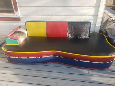 Pair of Rare Vintage 1980s Memphis Postmodern Sofas by Harry Siegel - Cowhide & Leather