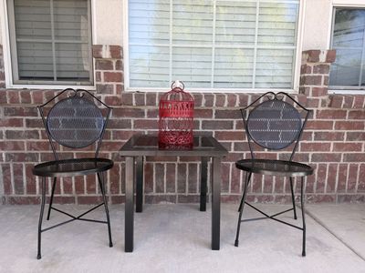 Cute decorative patio bistro set 2 chairs, glass table, birdcage