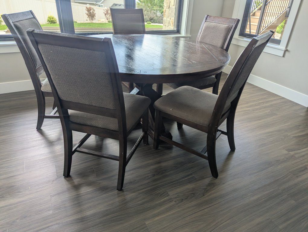 60" Round Dark Wood Dining Table Set with 6 Chairs