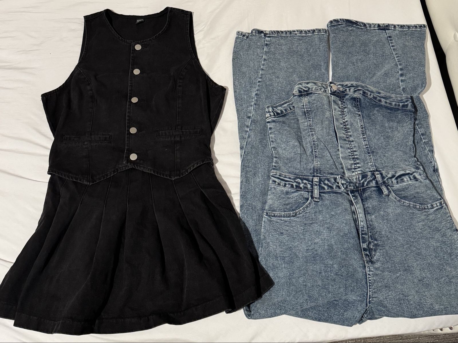 Women's Clothing Lot: Denim Jumpsuit, Black Dress, Faux Leather Shorts & Skirt, Red Shorts