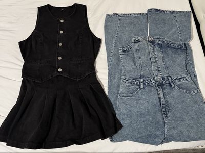 Women's Clothing Lot: Denim Jumpsuit, Black Dress, Faux Leather Shorts & Skirt, Red Shorts