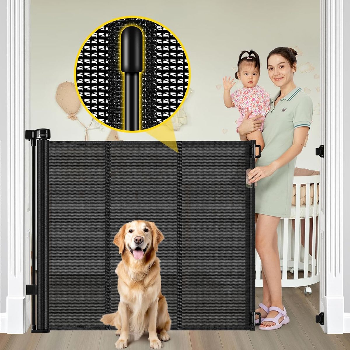 42" Extra Tall, up to 60" Wide Retractable Baby Gate - BLACK