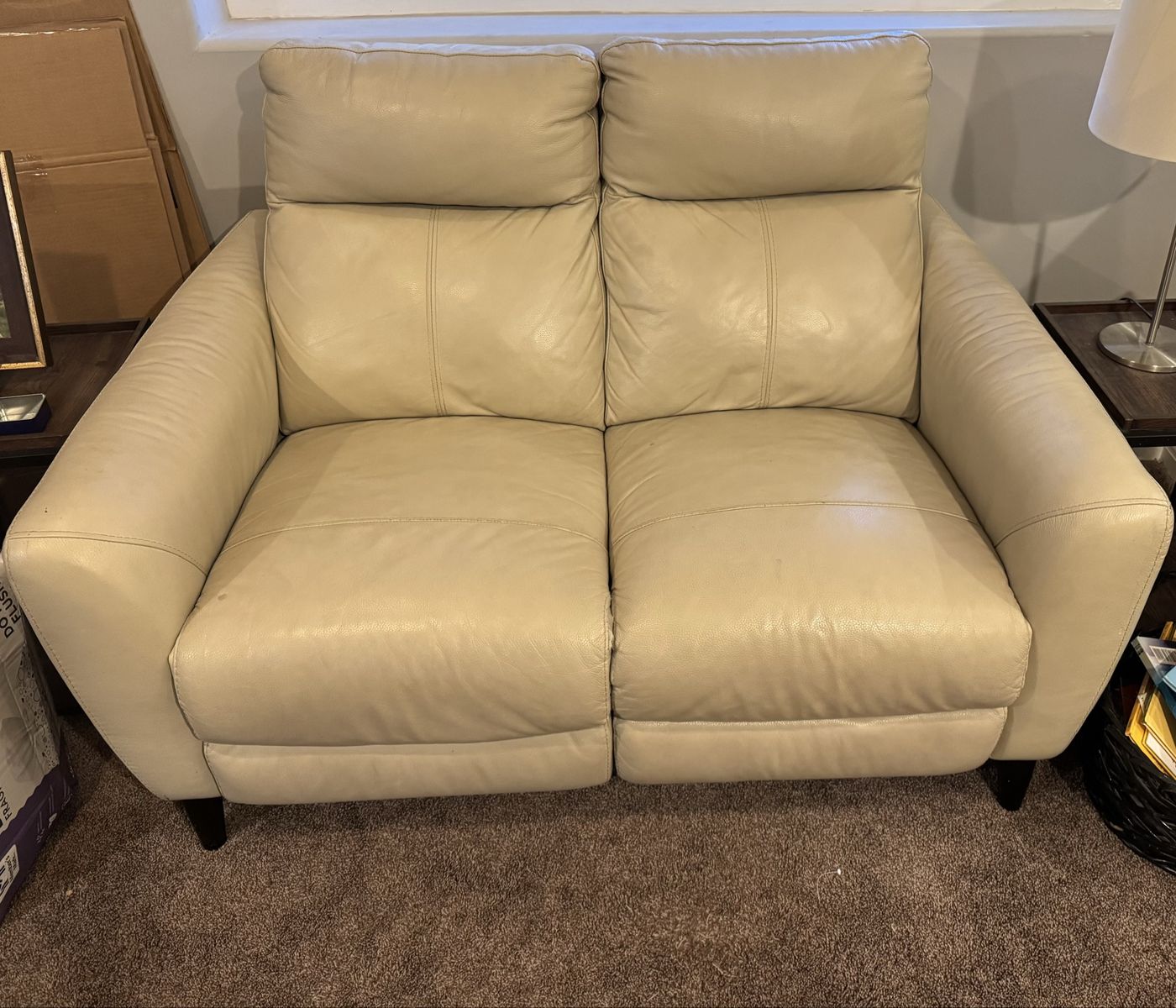 Cream Leather Power Reclining Loveseat with USB Charging