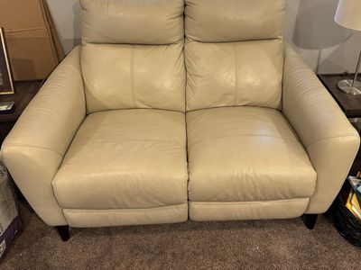 Cream Leather Power Reclining Loveseat with USB Charging