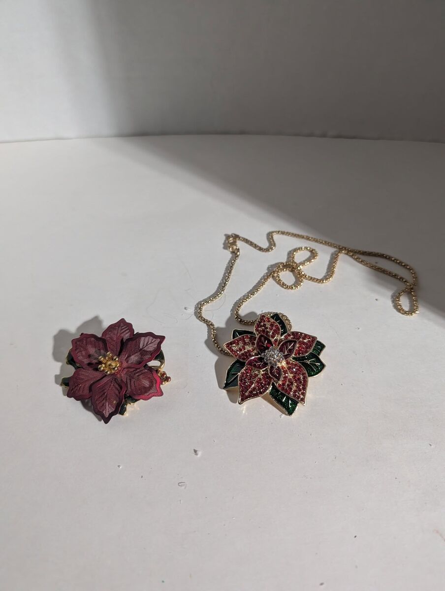 Christmas Poinsettia and Snowflake Brooches And Necklace