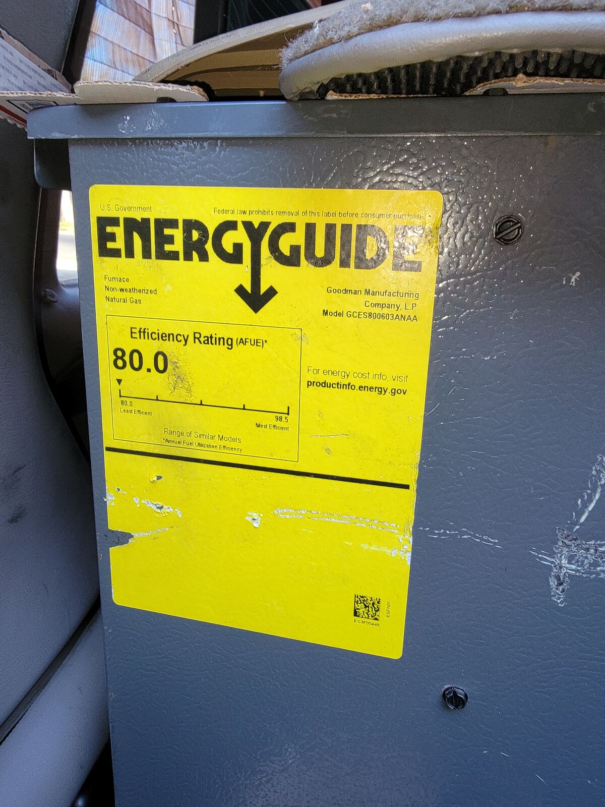 80.0 efficiency rating Natural Gas Furnace