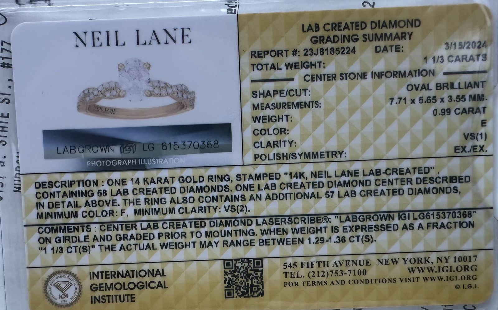 Neil Lane Lab-Grown Diamond Engagement Ring – IGI Certified