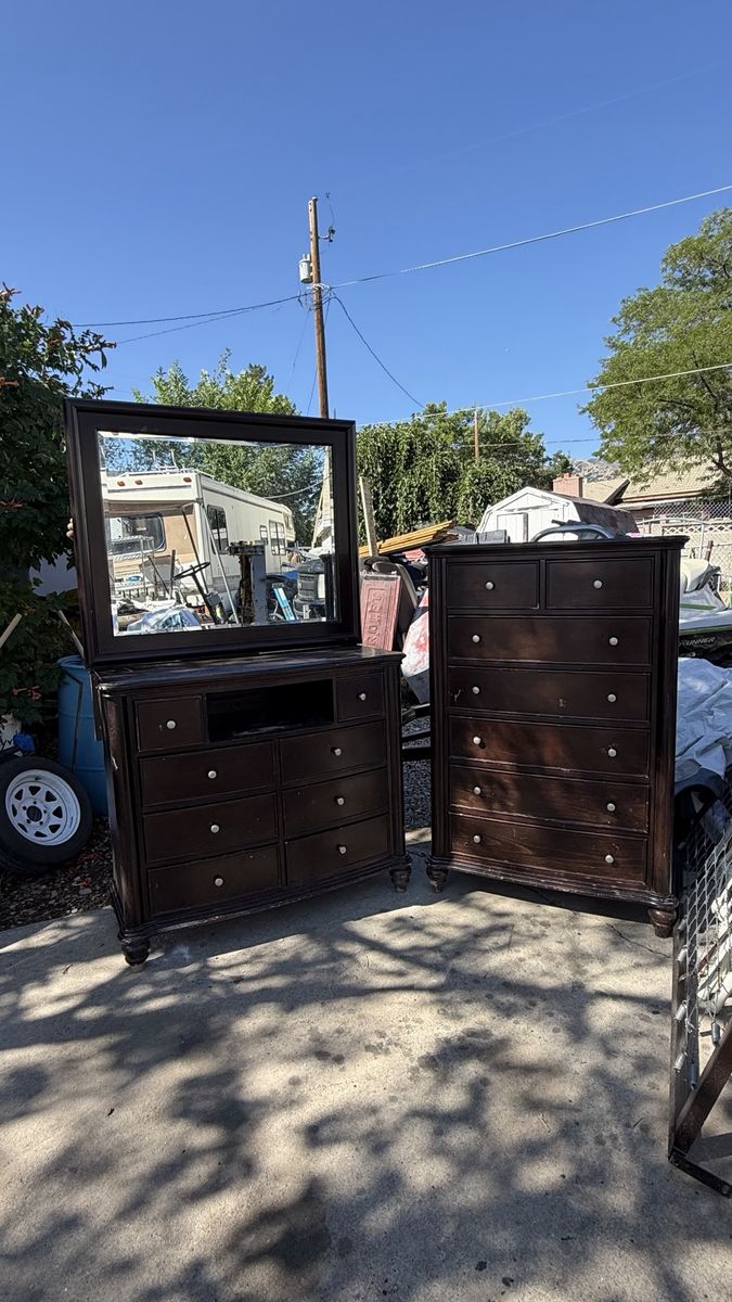 Dark Wood Bedroom Set with Dresser, Mirror, and Tall Chest of Drawers