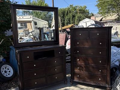 Dark Wood Bedroom Set with Dresser, Mirror, and Tall Chest of Drawers