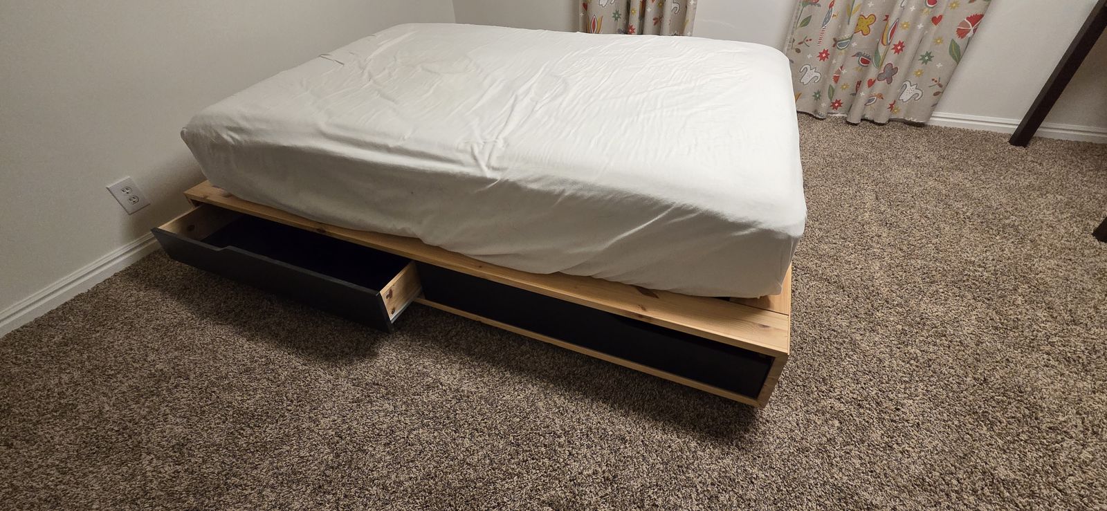 Full size (twin) platform Bed frame with storage drawers under, birch/black