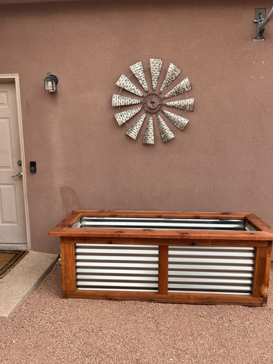 Handmade Rustic Wooden and Corrugated Metal Raised Garden Bed Redwood Planter Boxes 