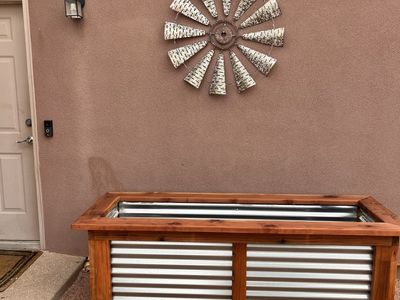 Handmade Rustic Wooden and Corrugated Metal Raised Garden Bed Redwood Planter Boxes