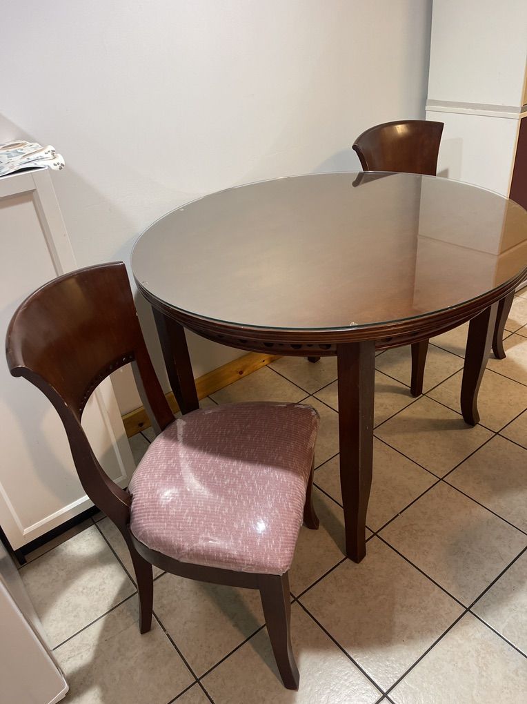 42 ROUND , Glass covered  Wood Table W/2 Chairs