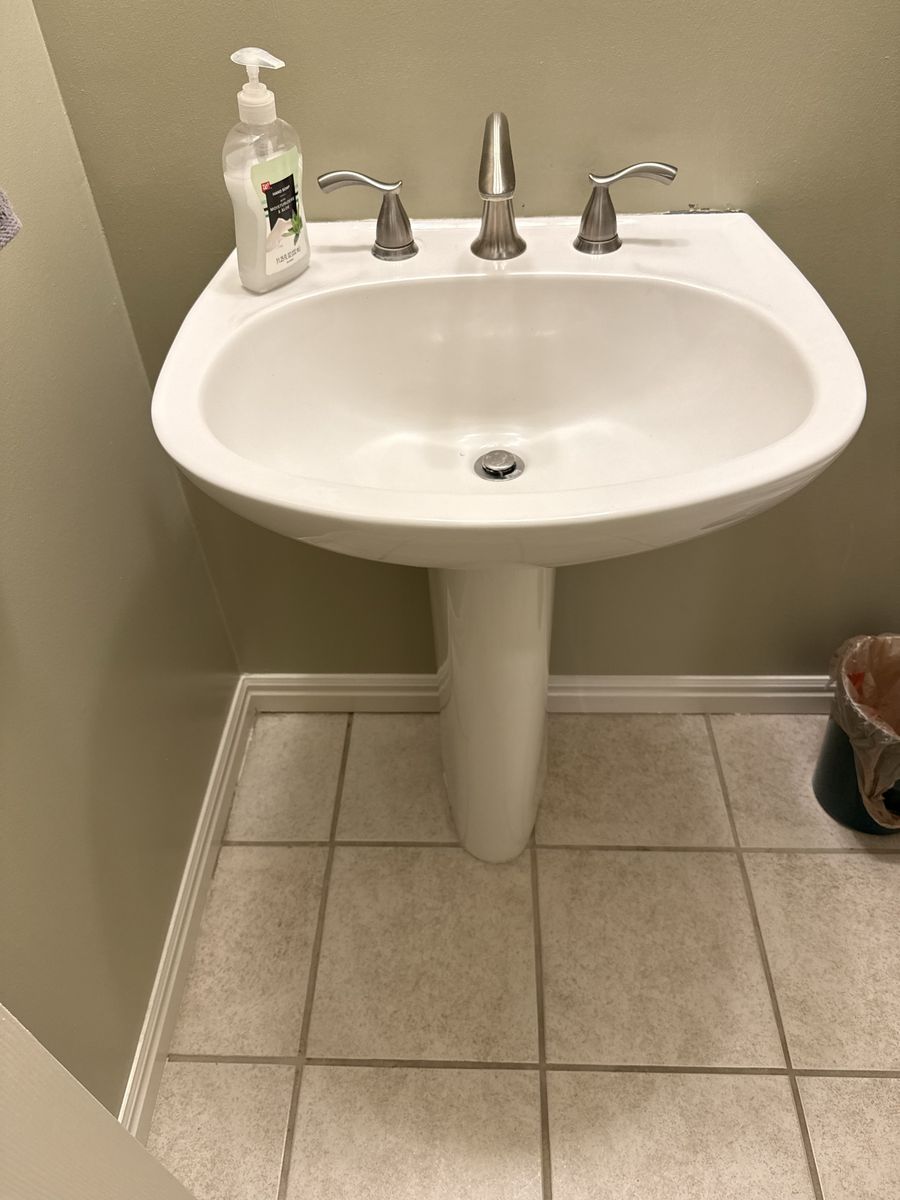 White Porcelain Pedestal Sink & Faucet Set - Bathroom Fixture