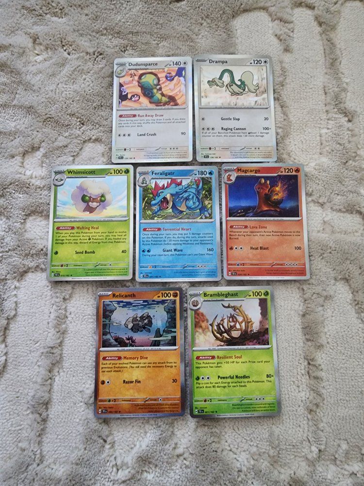 7 Pokémon TCG Cards: Dudunsparce, Drampa, Whimsicott, Feraligatr, Magcargo, Relicanth, Brambleghast