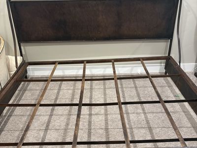 California king Industrial Style Dark Metal Platform Bed Frame with Headboard and Slats
