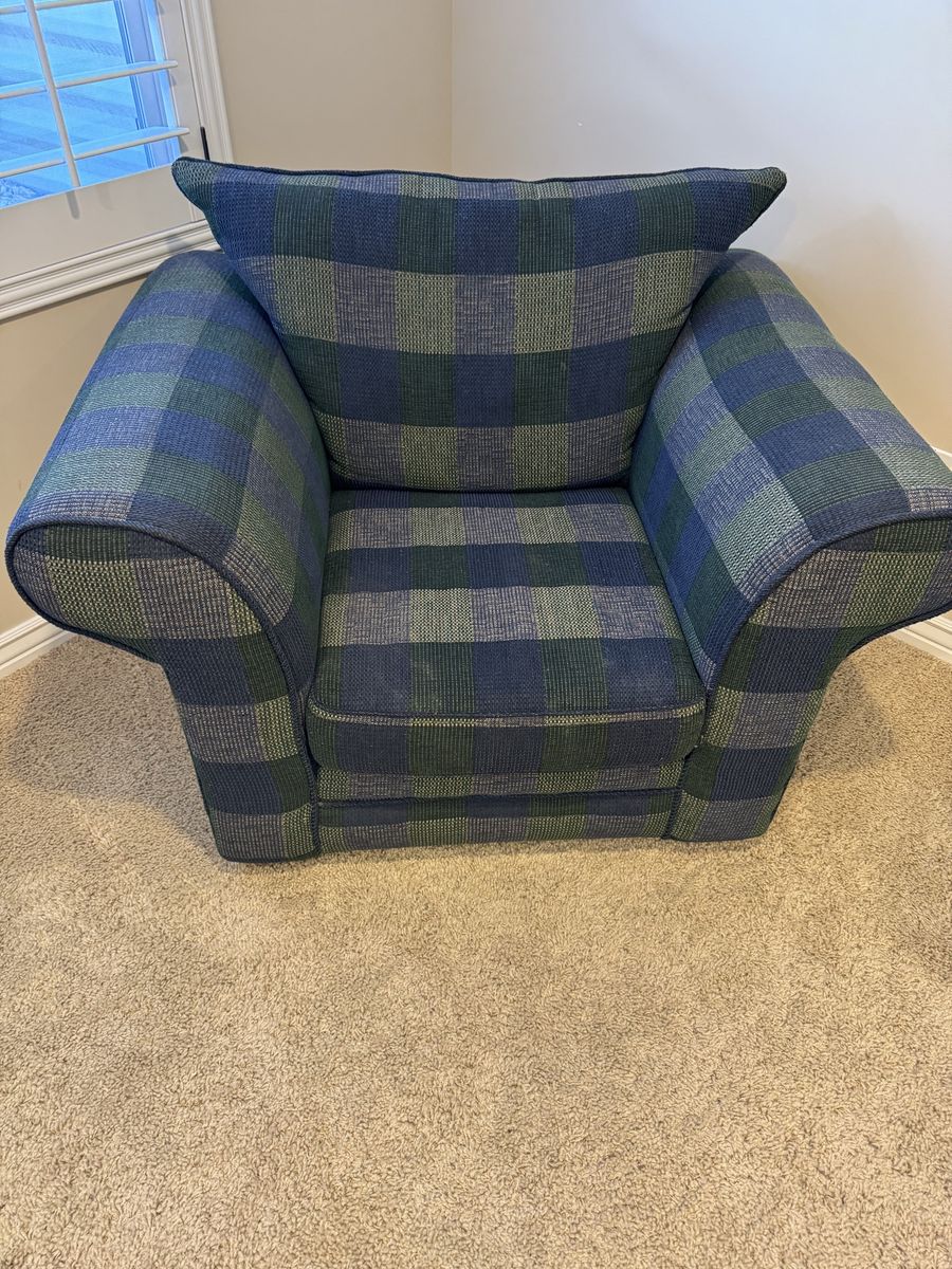 Plaid Armchair - Blue & Green Upholstered Accent Chair, Comfortable Seating