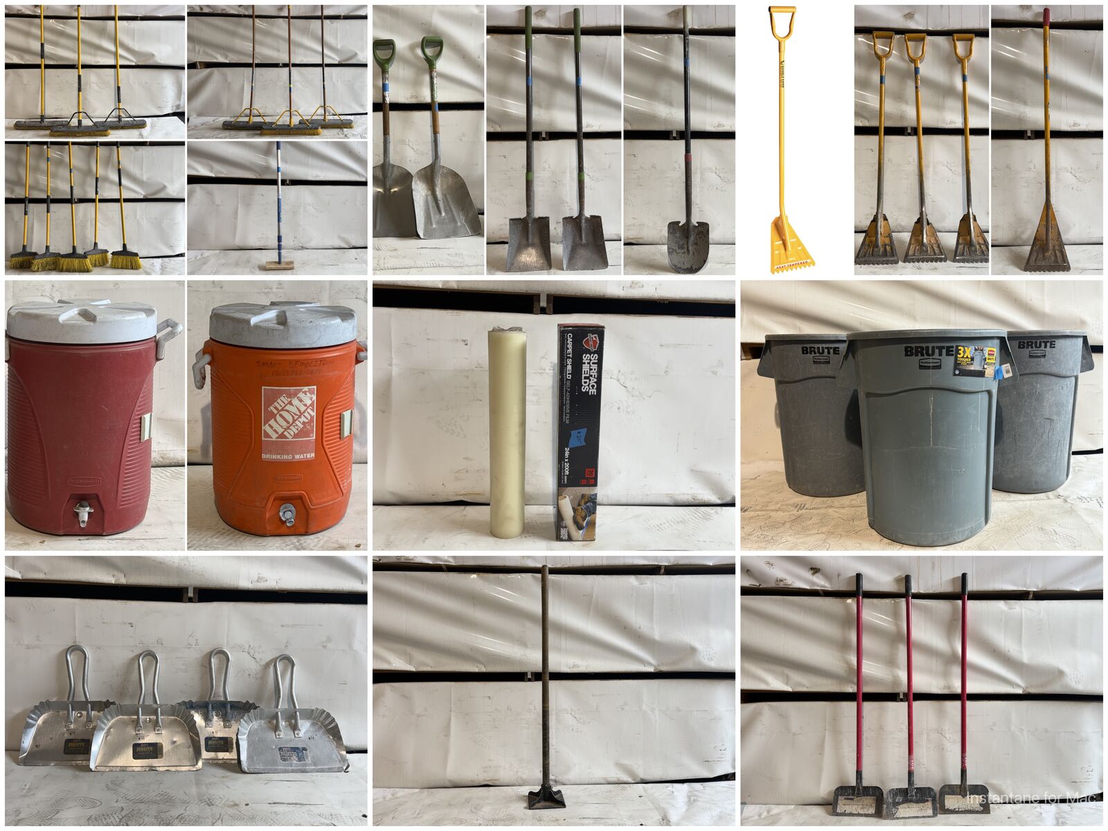 Jobsite Tools - Rakes, Brooms, Shovels, Trash Cans, Scrapers, Shingle Removers, Coolers, Floor Protection, Plumbing Tools, etc.