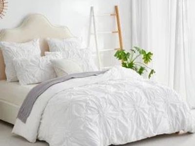 King White Textured Pinch Pleat Tufted Duvet Cover Set with Matching Pillow Shams