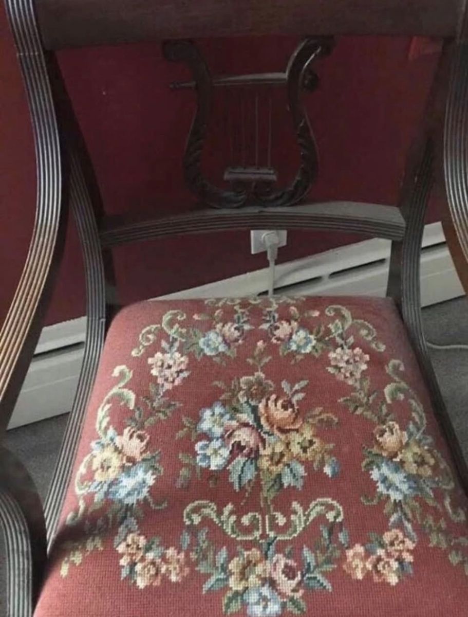 Vintage Lyre Back Arm Chair with Floral Needlepoint Seat - Ornate Wooden Accent Chair