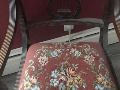 Vintage Lyre Back Arm Chair with Floral Needlepoint Seat - Ornate Wooden Accent Chair