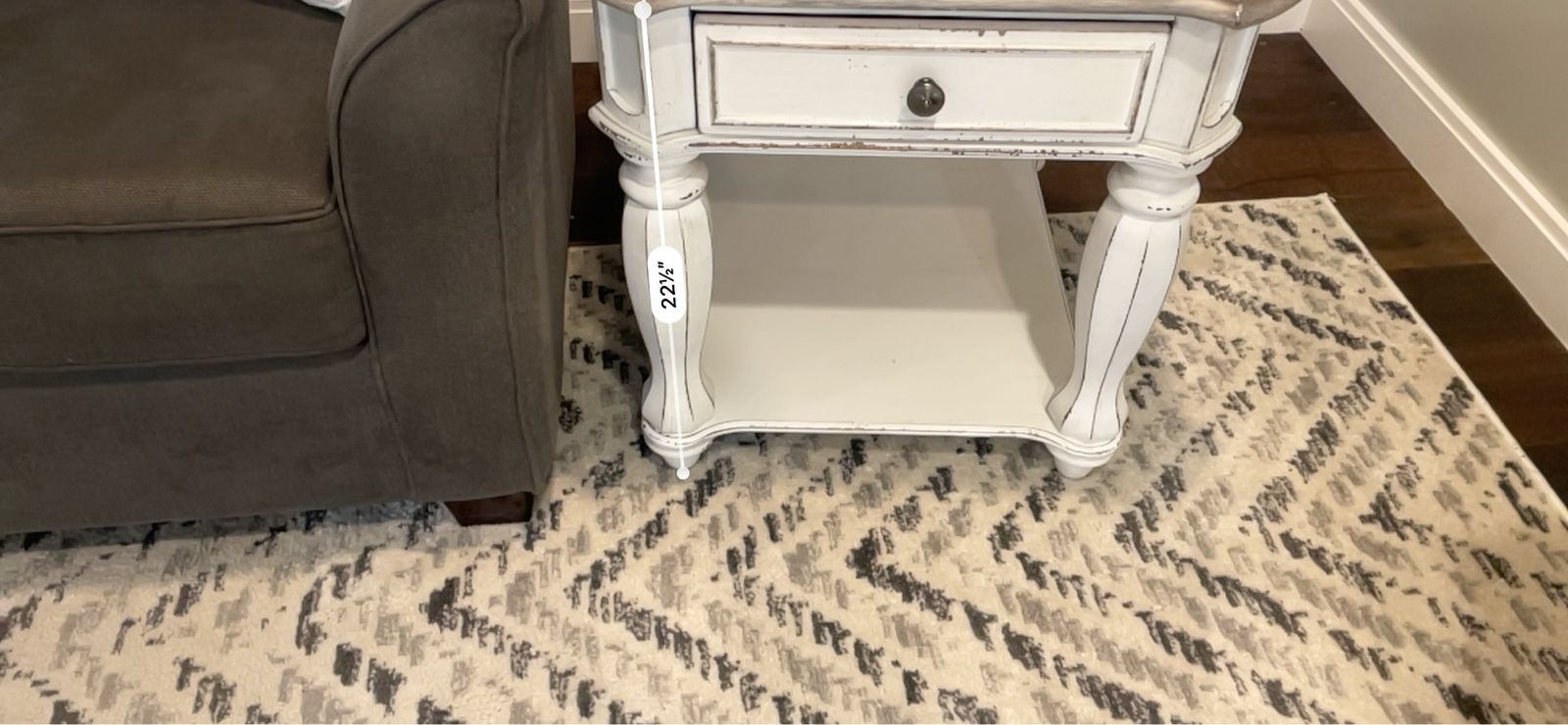 Distressed White and Wood Grain End Table with Drawer and Shelf