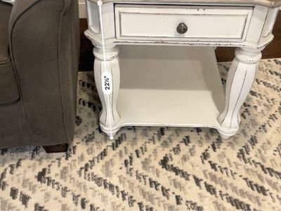 Distressed White and Wood Grain End Table with Drawer and Shelf