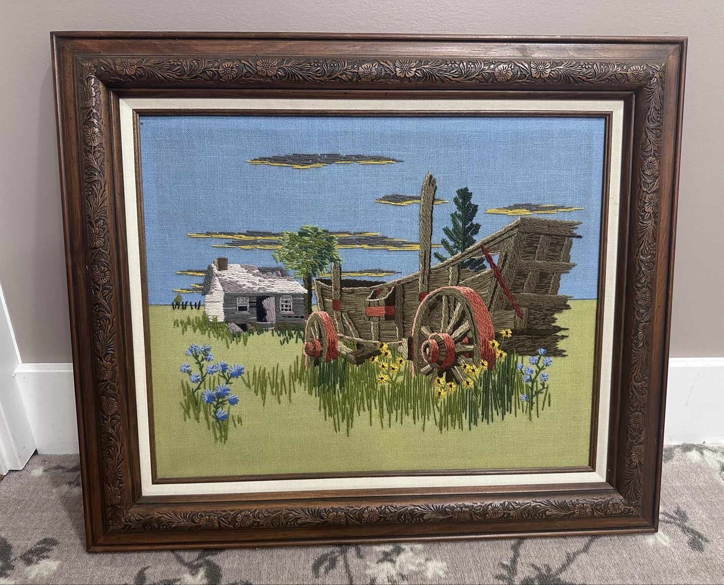 Vintage handmade crewel farm scene picture
