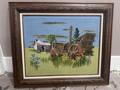 Vintage handmade crewel farm scene picture