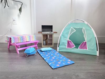 Our Generation Happy Camper Camping Set, Pink Picnic Table & Tablecloth & Outdoor Grill for 18" Dolls