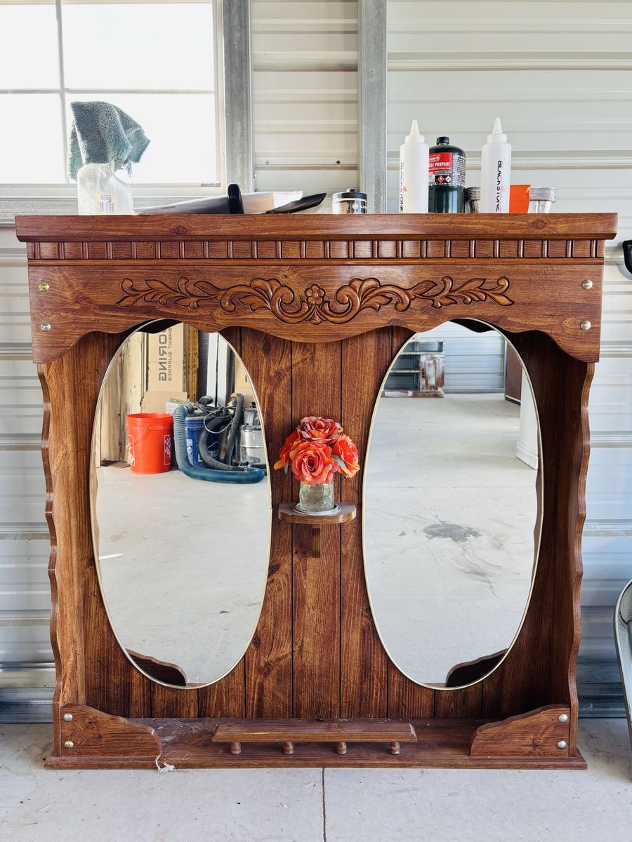 Vintage Carved Wood Wall Mirror with Shelf and Pegs - Rustic Home Decor