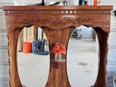 Vintage Carved Wood Wall Mirror with Shelf and Pegs - Rustic Home Decor