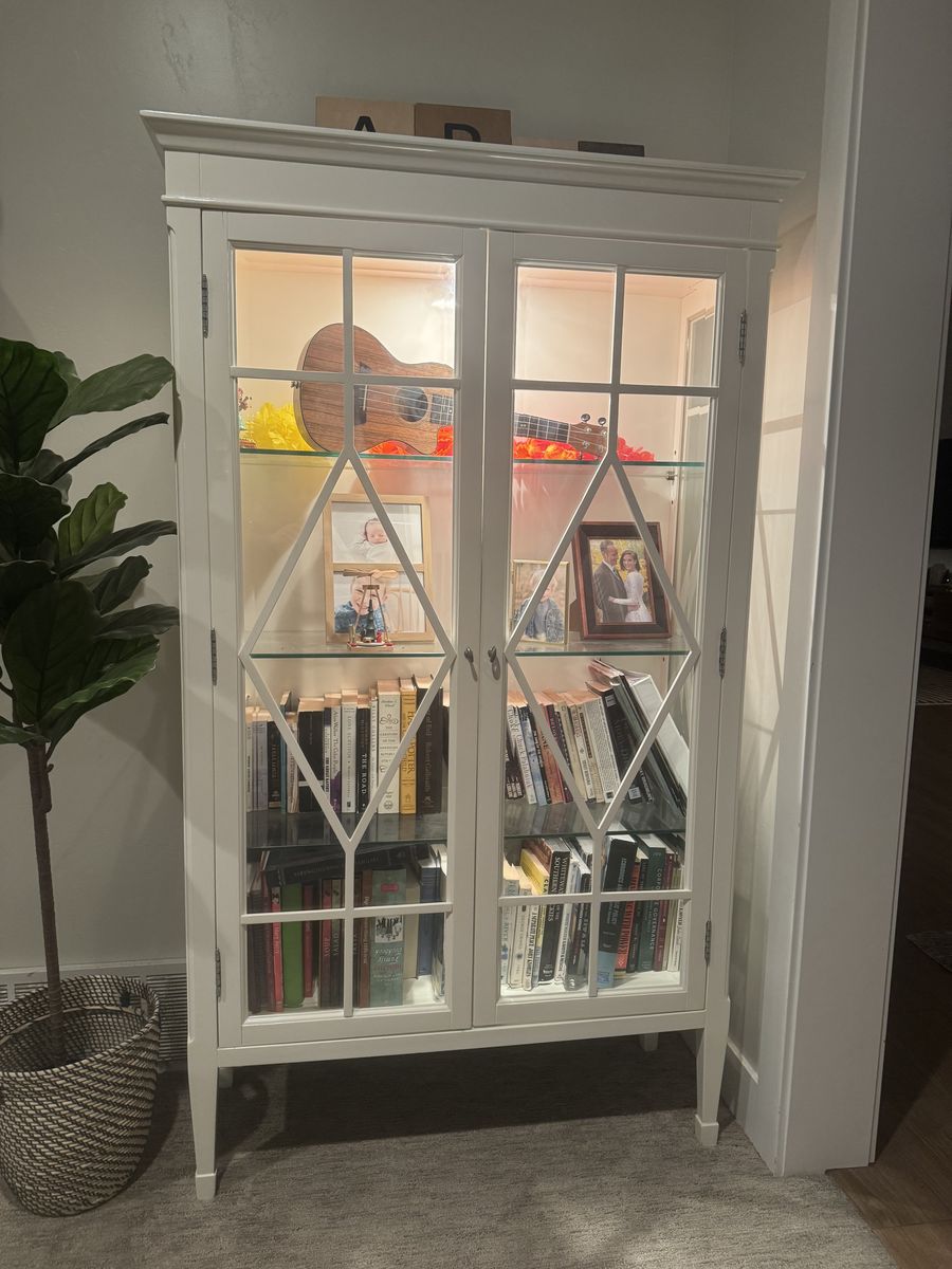 Lighted White Glass Curio Cabinet/Bookshelf - $500 each or $900 for pair OBO