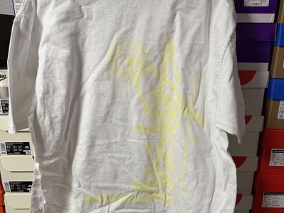 Stussy White XL T-Shirt with Faded Yellow Palm Tree Graphic Made in Honduras