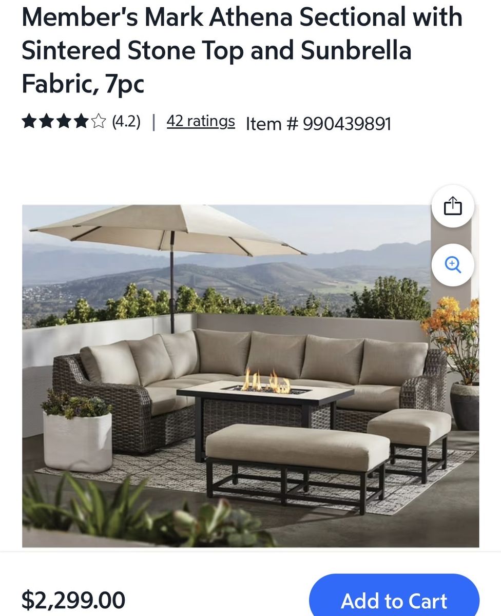 Member's Mark Athena 7pc Deep Seating Sectional with Fire Pit & Sunbrella Fabric