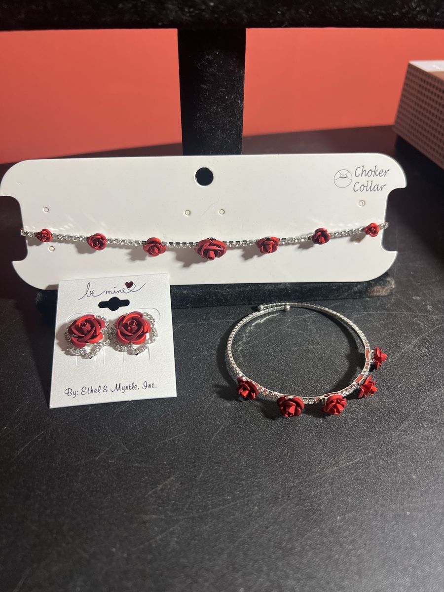 Ethel & Myrtile Inc. Red Rose Choker Collar, Earrings, and Bracelet Set - Be Mine Collection