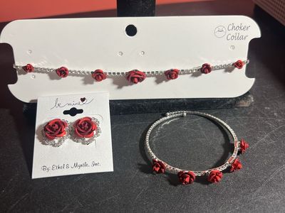 Ethel & Myrtile Inc. Red Rose Choker Collar, Earrings, and Bracelet Set - Be Mine Collection