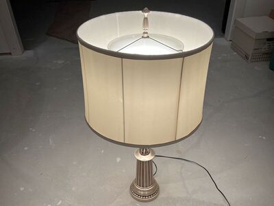 Vintage antique metal base table lamp with a white glass reflector inner shade and a 3-way bulb