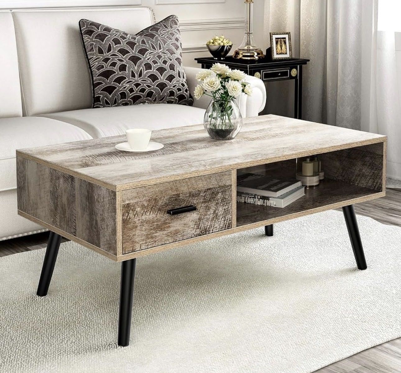 Modern Farmhouse Coffee Table with Drawer & Storage Shelf, Wood Look Finish, Black Legs