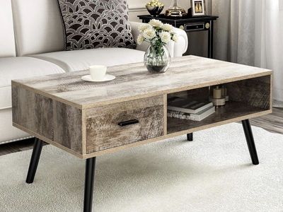 Modern Farmhouse Coffee Table with Drawer & Storage Shelf, Wood Look Finish, Black Legs