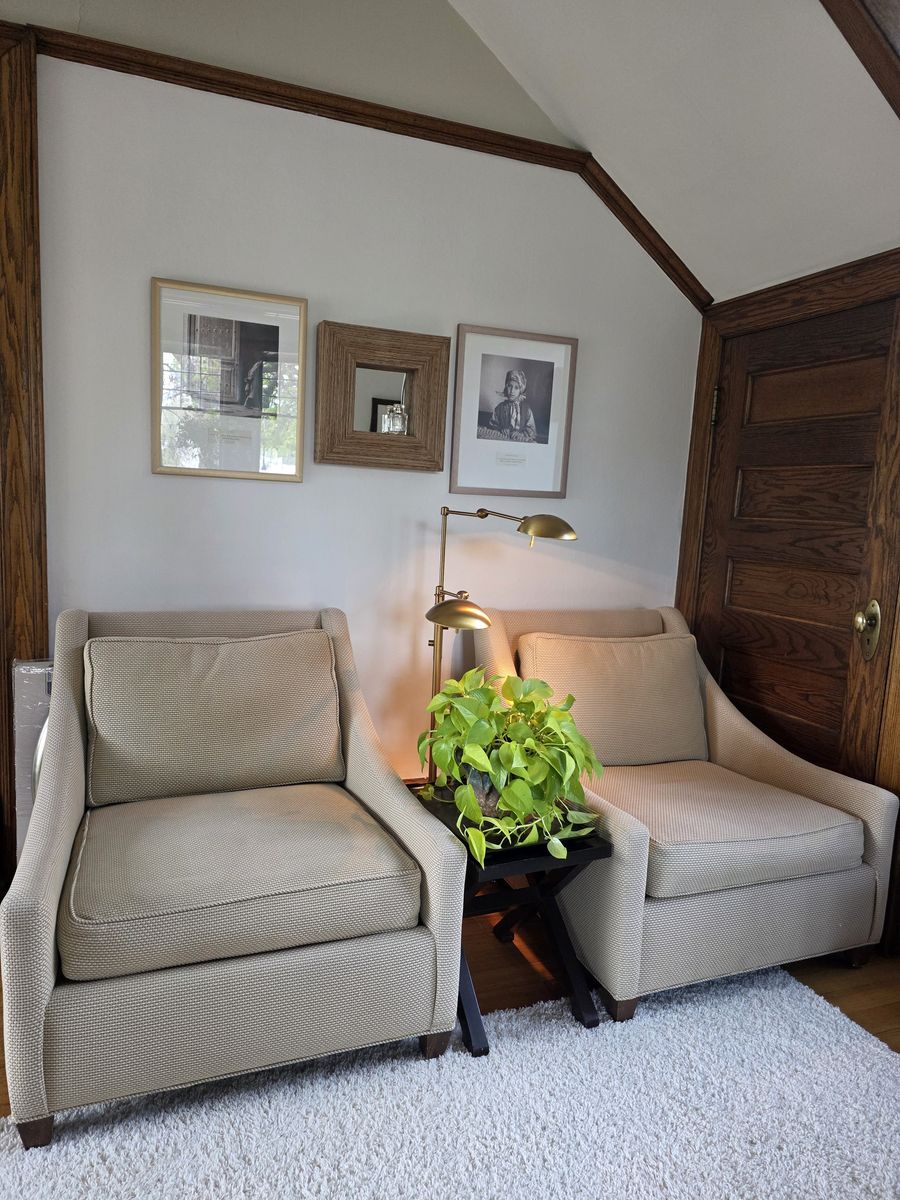 Two handsome lounge chairs- neutral fabric EXCELLENT CONDITION