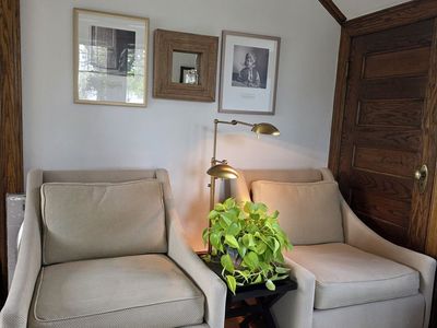 Two handsome lounge chairs- neutral fabric EXCELLENT CONDITION