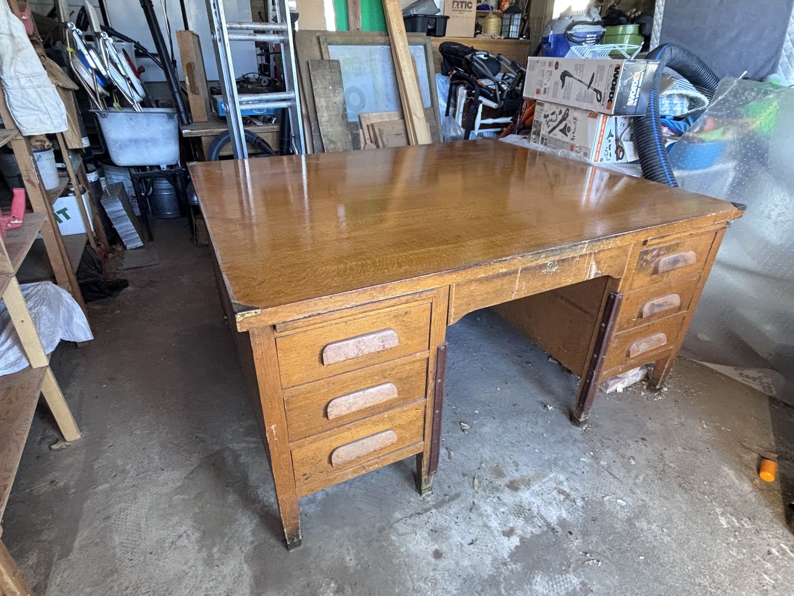 Vintage Double-sided Oak Wood Desk With Drawers