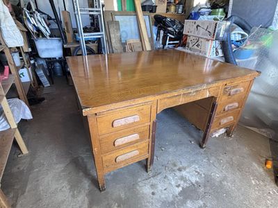 Vintage Double-sided Oak Wood Desk With Drawers