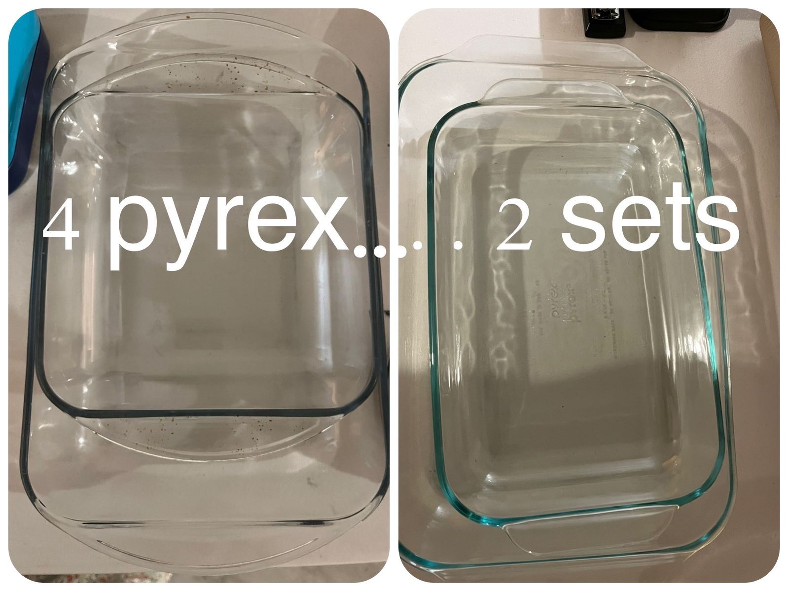 4 glass baking pans, 2 pyrex sets, 4 glass pans, pyrex and anchor brand, baking, cooking