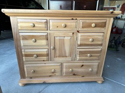 Broyhill Solid Knotty Pine Wood Dresser - 9 Drawers, 1 Cabinet - 42.5" H x 52.5" L