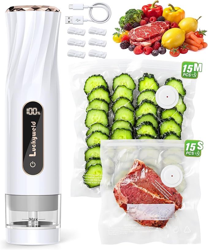 NEW Compact Vacuum Sealer for Food: Powerful & 30 Reusable Vacuum Bags, With LED Display & Detachable Water Tank