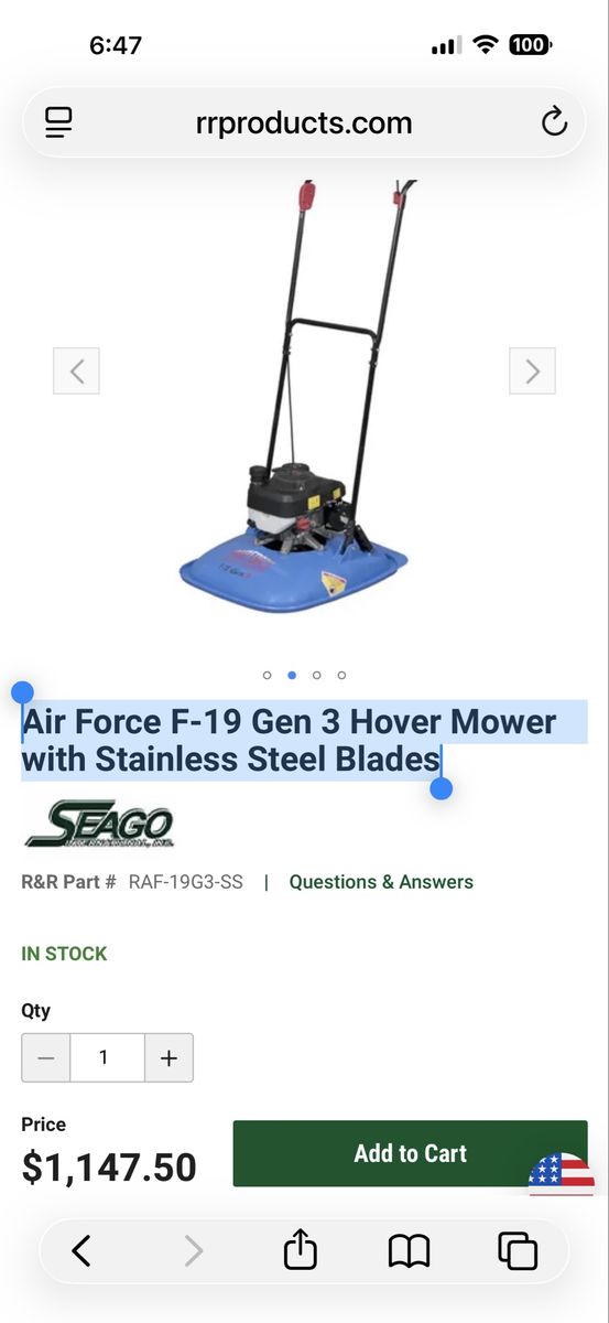Seago Air Force F-19 Gen 3 Hover Mower Honda GCV160 Stainless Steel Blades