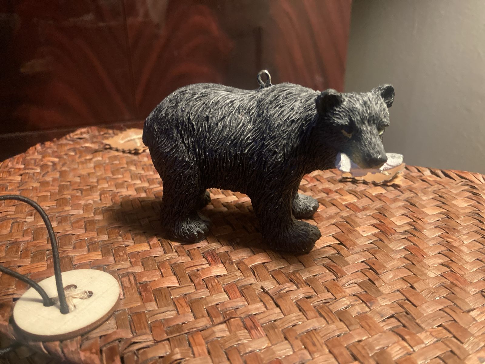Hand-Carved Black Bear Ornament with Fish - Detailed Woodland Animal Decor