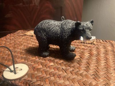 Hand-Carved Black Bear Ornament with Fish - Detailed Woodland Animal Decor